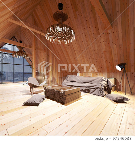 wooden attic interior and nature background 97546038