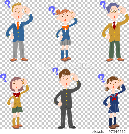 A set of male students and female students in uniforms with doubts A set of male students and female students in uniforms with doubts 97546312