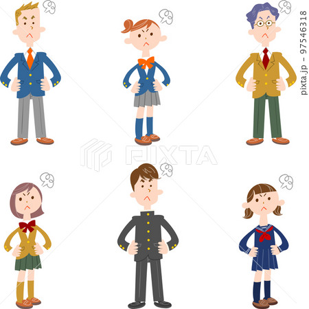 憤慨する制服姿の男子学生と女子学生のセット 97546318