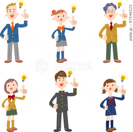 アイデアを思いつく制服姿の男子学生と女子学生のセット 97546322