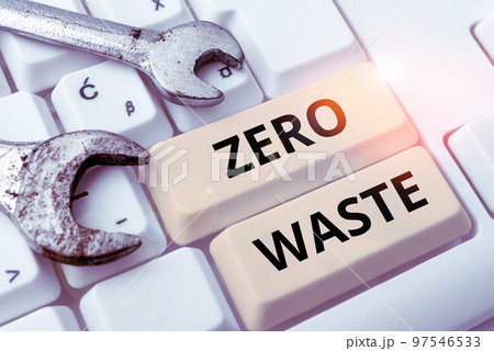 Hand writing sign Zero Waste. Internet Concept industrial responsibility includes composting, recycling and reuse Hand writing sign Zero Waste. Internet Concept industrial responsibility includes composting, recycling and reuse 97546533