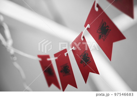 A garland of Albania national flags on an abstract blurred background A garland of Albania national flags on an abstract blurred background 97546683
