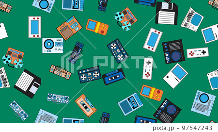 Seamless pattern endless with tech electronics equipment old retro vintage hipster from 70s, 80s, 90s isolated on green background. Vector illustration Seamless pattern endless with tech electronics equipment old retro vintage hipster from 70s, 80s, 90s isolated on green background. Vector illustration 97547243