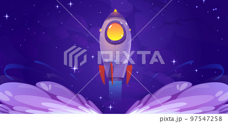 Rocket launch, spaceship flying up to night sky 97547258
