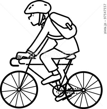 ヘルメットを被り自転車に乗るビジネスマンのイラスト　線画のみ 97547557
