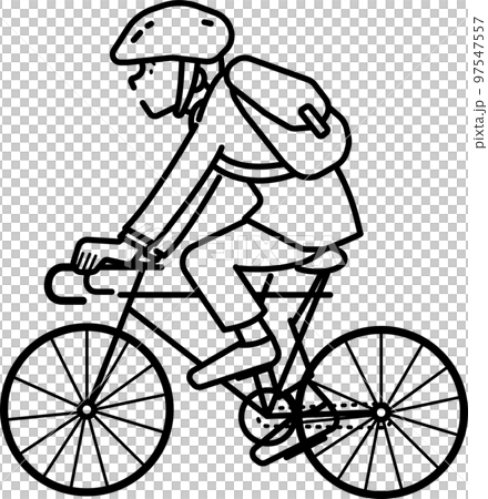 ヘルメットを被り自転車に乗るビジネスマンのイラスト　線画のみ 97547557