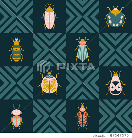 Colorful insects, beetle, and bugs in art deco style 97547579