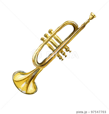 Trumpet jazz musical instrument watercolor illustration on white background. 97547703
