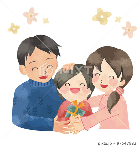 プレゼントを貰って喜ぶ子どもと両親のイラスト(ラスターのみ) プレゼントを貰って喜ぶ子どもと両親のイラスト(ラスターのみ) 97547932