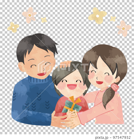 Illustration of a child and parents who are happy to receive a gift (raster only) Illustration of a child and parents who are happy to receive a gift (raster only) 97547932