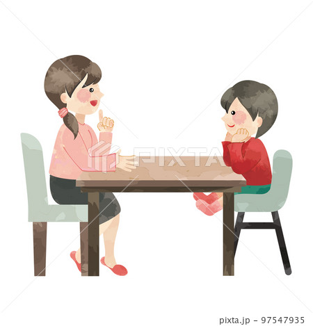 ダイニングで会話をする親子のイラスト（ラスターのみ） 97547935
