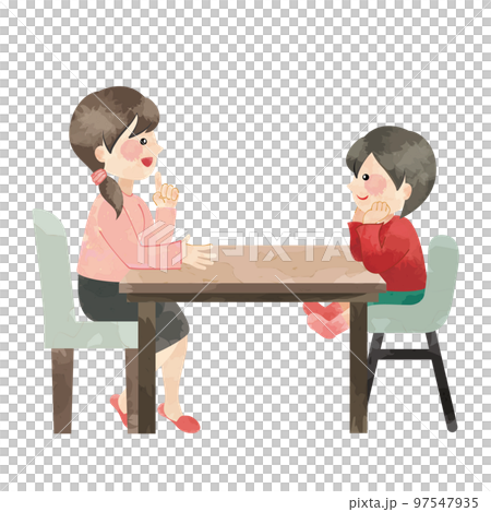 ダイニングで会話をする親子のイラスト（ラスターのみ） 97547935