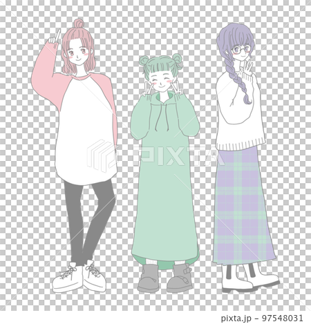 かわいい女性3人の全身イラスト 背景なし かわいい女性3人の全身イラスト 背景なし 97548031