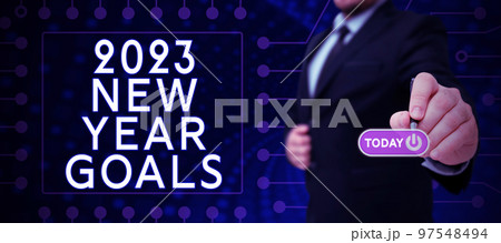 Text caption presenting 2023 New Year Goals. Business concept Resolutions for 365 days coming soon Motivation to change Text caption presenting 2023 New Year Goals. Business concept Resolutions for 365 days coming soon Motivation to change 97548494