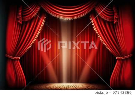 深紅のカーテンと眩いスポットライトにライトアップされたステージを表した背景画 97548860