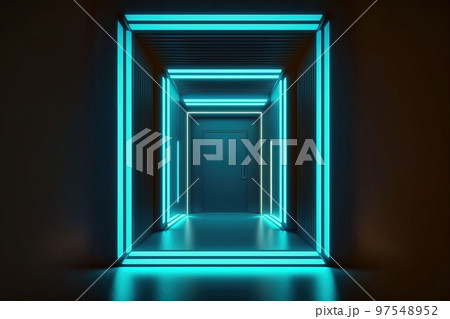 ネオンウェーブカラーが目を惹く近代的なエントランスの入り口のイメージイラスト 97548952