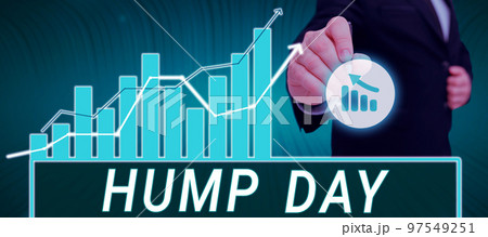 Text sign showing Hump Day. Concept meaning climbing a proverbial hill to get through a tough week Wednesday 97549251