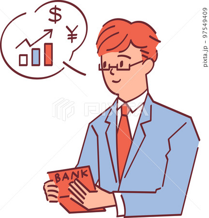 通帳を見ながら投資を考えるサラリーマンのイラスト 通帳を見ながら投資を考えるサラリーマンのイラスト 97549409