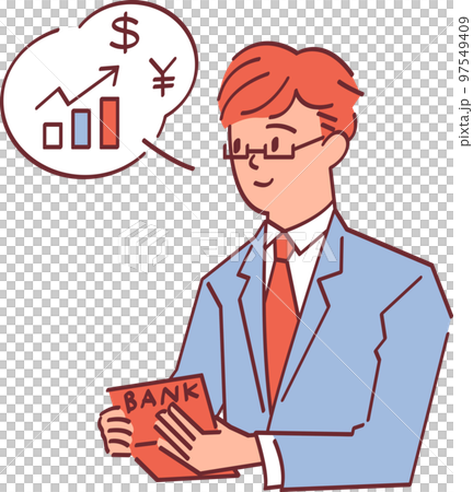 通帳を見ながら投資を考えるサラリーマンのイラスト 通帳を見ながら投資を考えるサラリーマンのイラスト 97549409