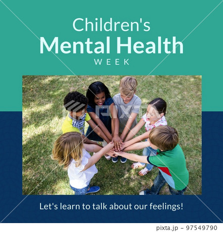 Composition of children's mental health week text and children playing in park 97549790