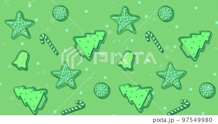 Image of green christmas pattern with cookies and candies 97549980