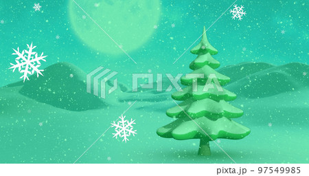 Image of green winter landscape with tree, snowflakes and mountains 97549985
