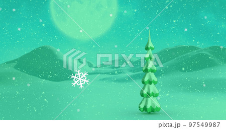 Image of green winter landscape with tree, snowflakes and mountains 97549987