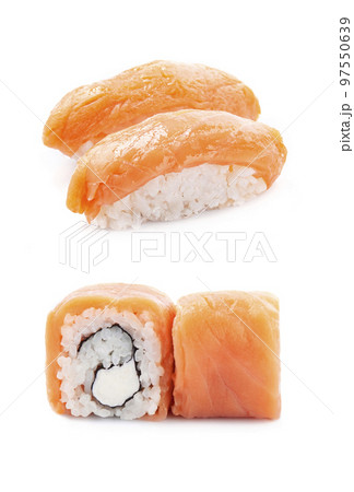 Sushi closeup on white backgrounds. 97550639