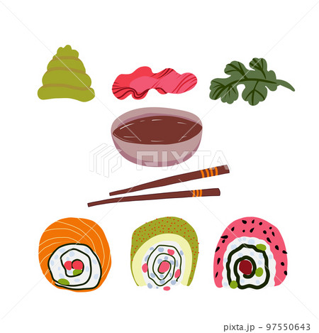 Vector flat panasian food set. Japanese sushi, wasabi, soy sauce, pickled ginger, cilantro. Vector flat panasian food set. Japanese sushi, wasabi, soy sauce, pickled ginger, cilantro. 97550643
