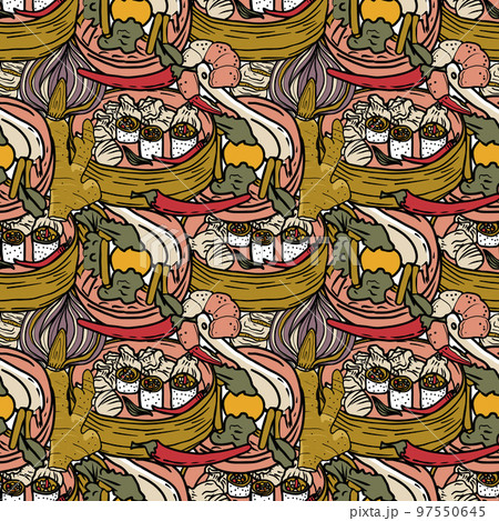 Vector Panasian food seamless pattern. Hand drawn sketch with asian food such as noodles, shrimps, gingers, dumplings, spicy soup. 97550645