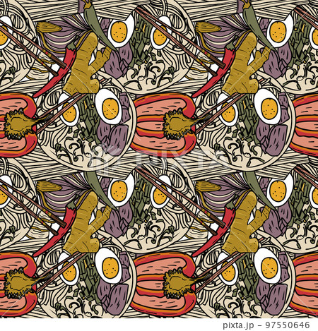 Vector Panasian food seamless pattern. Hand drawn sketch with asian food such as noodles, shrimps, gingers, dumplings, spicy soup. 97550646