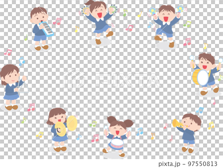 Children playing musical instruments _ playing in a circle _ shadows at their feet 97550813