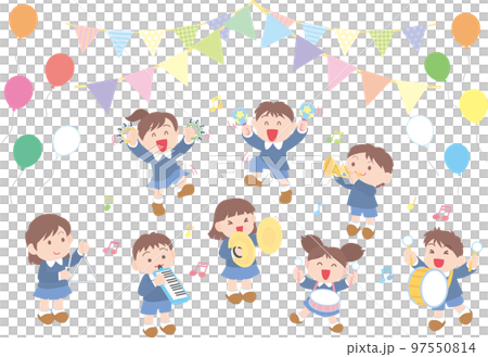楽器を演奏する子どもたち_輪になって演奏_ガーランド風船あり 97550814