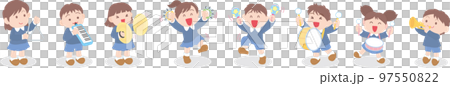 Children playing musical instruments _ 8 people set _ one row _ with foot shadow Children playing musical instruments _ 8 people set _ one row _ with foot shadow 97550822