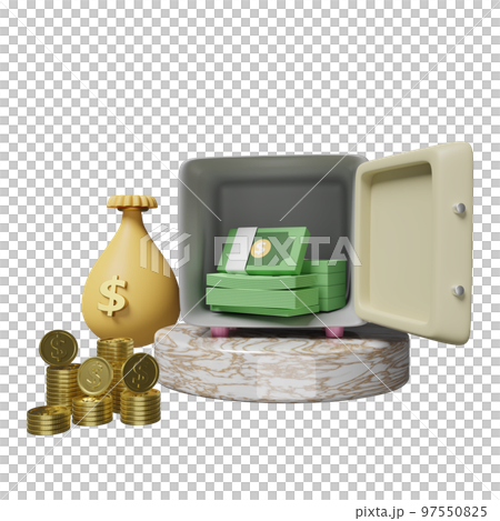 cylinder podium marble with open safe box, coins stack, banknote, bag money dollar isolated. business banking concept, 3d illustration or 3d render 97550825