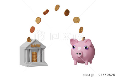 pink piggy bank with bank or tax office building, coin isolated. saving money concept, 3d illustration, 3d render 97550826