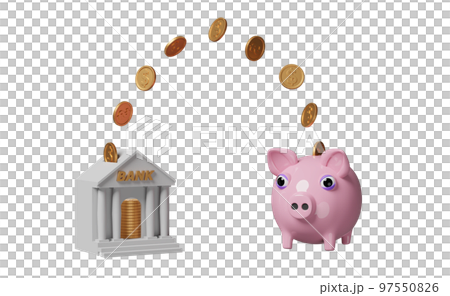 pink piggy bank with bank or tax office building, coin isolated. saving money concept, 3d illustration, 3d render 97550826