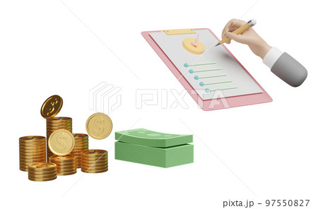 check list with businessman hands holding pencil, clipboard, check mark, pile money banknote, dollar coins isolated. concept 3d illustration or 3d render 97550827