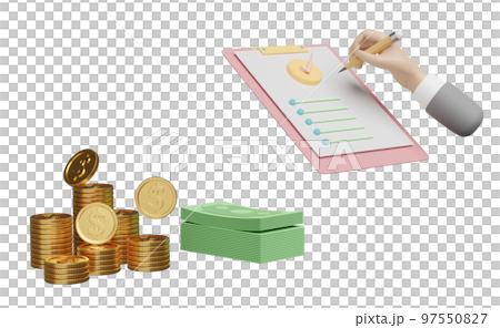 check list with businessman hands holding pencil, clipboard, check mark, pile money banknote, dollar coins isolated. concept 3d illustration or 3d render 97550827