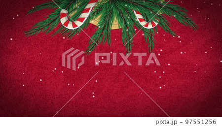 Image of snow falling over candy canes and fir tree over sign with copy space on red background Image of snow falling over candy canes and fir tree over sign with copy space on red background 97551256