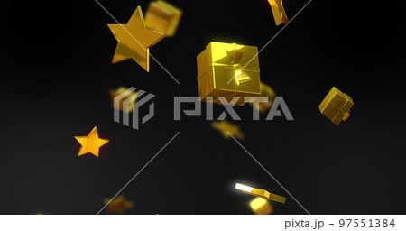 Image of gold stars and presents falling over black background Image of gold stars and presents falling over black background 97551384