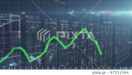 Image of green graph with abstract pattern, trading board and lens flare on black background Image of green graph with abstract pattern, trading board and lens flare on black background 97551564