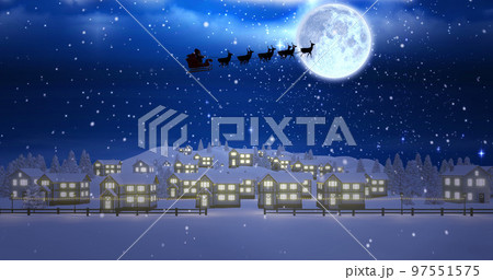 Image of sky with clouds over winter landscape and santa claus in sleigh with reindeer Image of sky with clouds over winter landscape and santa claus in sleigh with reindeer 97551575