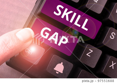 Sign displaying Skill Gap. Business idea Refering to a person's weakness or limitation of knowlege 97551688