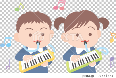 Cute musical instrument _ keyboard harmonica _ how to blow _ with hose _ play with _ 2 men and women _ upper body 97551773