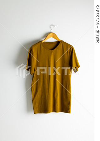 Tshirt hanging on coat hanger and copy space on white background 97552375