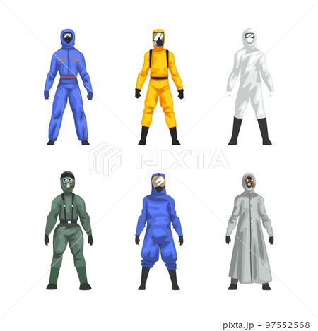 Man in Hazmat Suit as Personal Protective Equipment with Impermeable Garment Vector Set 97552568