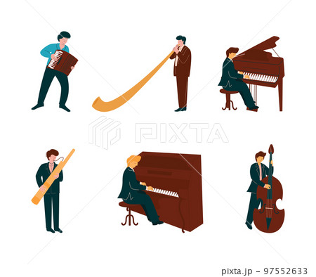 Man Musician Instrumentalist Performing Music Playing Musical Instrument Vector Set 97552633