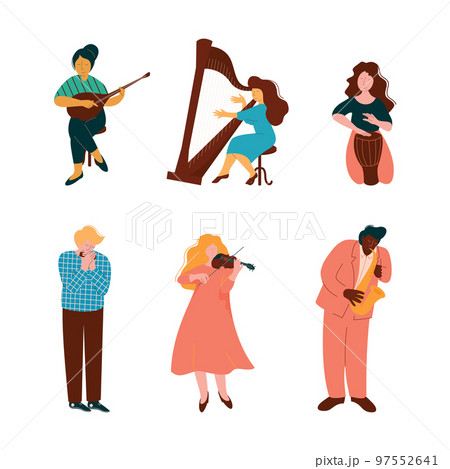 Man and Woman Musician Instrumentalist Performing Music Playing Musical Instrument Vector Set 97552641