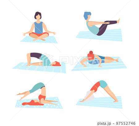 Set of people doing yoga. Men and women practicing meditation and stretching flat vector illustration 97552746